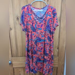 French Laundry 2X Coral Paisley T-Shirt Dress with Lattice